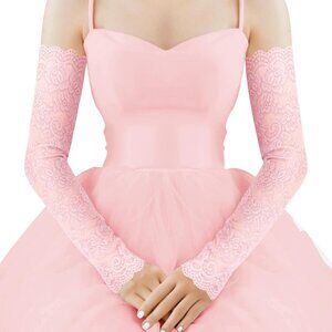 Women's 01-Pink Arm Sleeves  Satin Lace Long Gloves Wedding Party Tea Prom